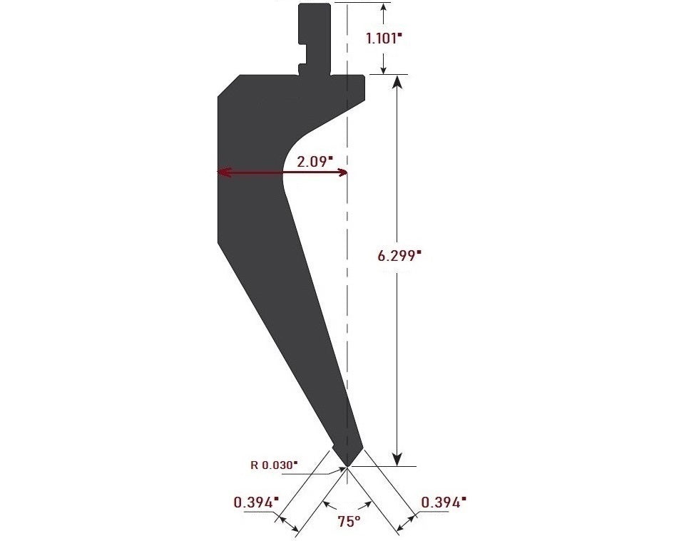 32.87” Long Press Brake European Style Gooseneck Punch, Height: 6.299”, 75°, 0.030” Tip Radius