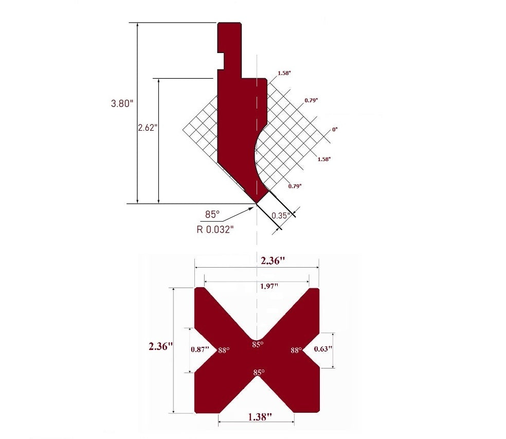 12" European Type Press Brake Punch (Height: 2.62") & 4-Way Die (2.36" sq)