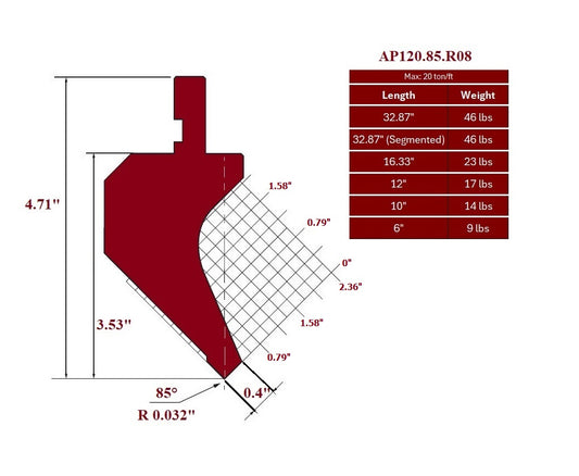 85° European Style Punch, Working Height: 3.53”, Radius: 0.032”