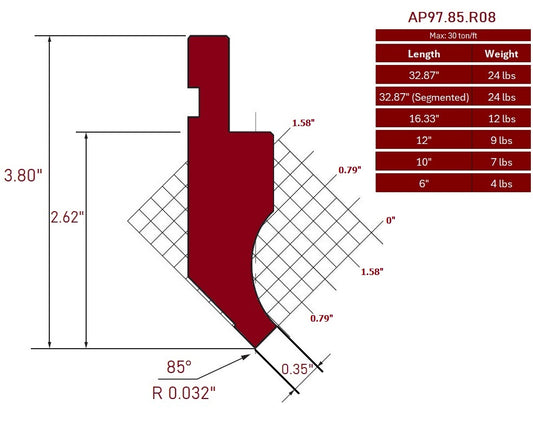 85° European Style Punch, Working Height: 2.62”, Radius: 0.032”