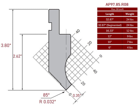 85° European Style Punch, Working Height: 2.62”, Radius: 0.032”