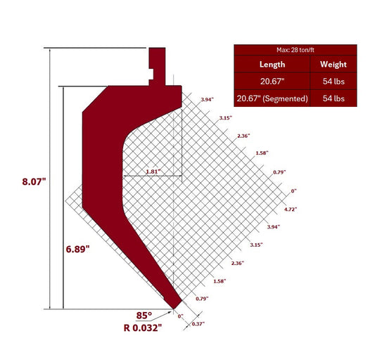 85° European Style Die Punch, Working Height: 6.89”, Tip Radius: 0.032”, Max 28 US ton/ft