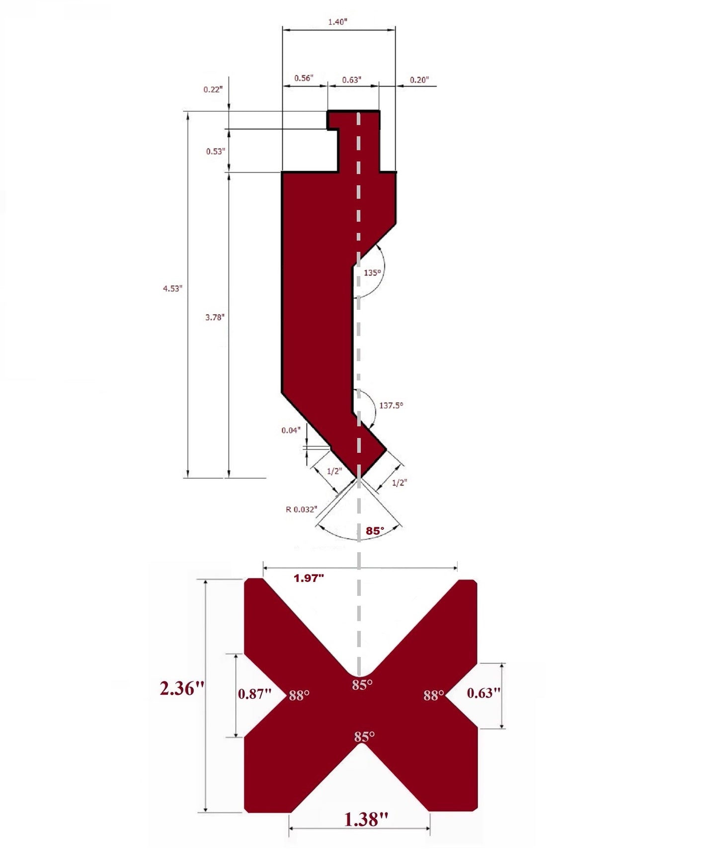 10' Segmented Press Brake Punch (H: 3.78") and 4-Way Die (2.36"sq) Combo