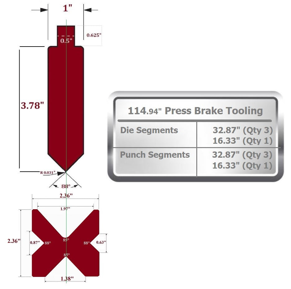 NEW 114.94” American Type Press Brake Punch (Height: 3.78") & 4-Way Die (2.36"sq)