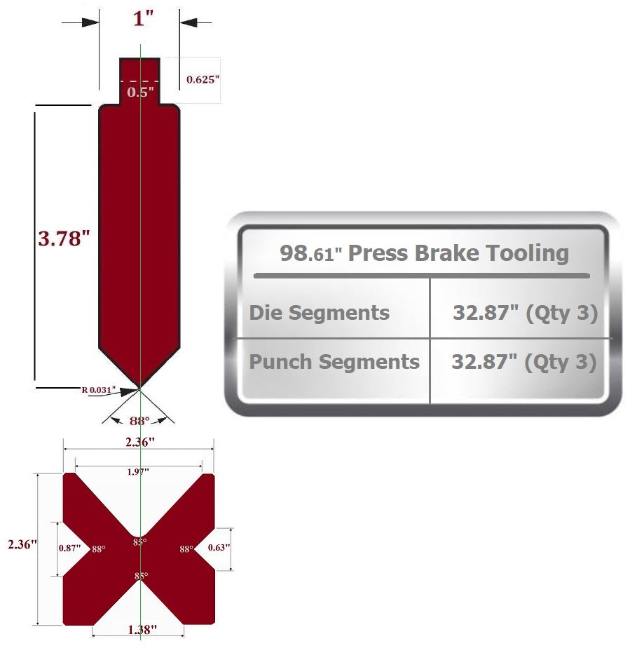 NEW 98.61” American Type Press Brake Punch (Height: 3.78") & 4-Way Die (2.36"sq)