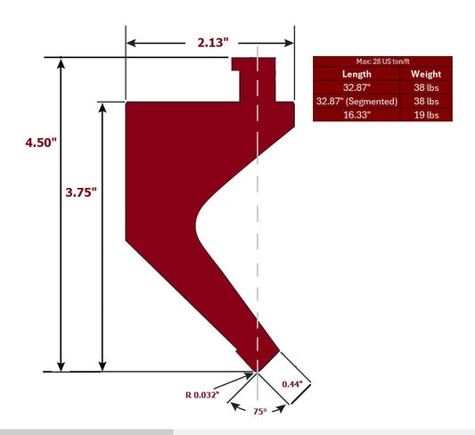 75° American Style Gooseneck Die Punch, Working Height: 3.75", Radius: R0.032", Max 28 US ton/ft