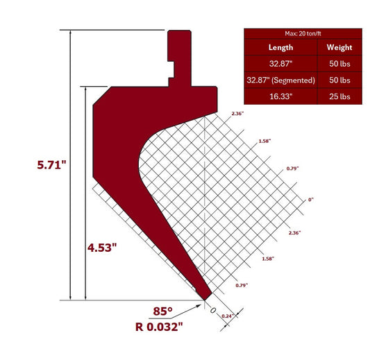 85° European Style Die Punch, Working Height: 4.53”, Tip Radius: 0.032”, Max 20 US ton/ft