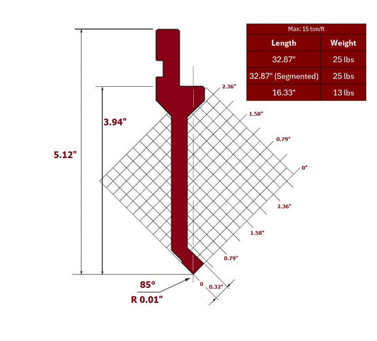 85° European Style Die Punch, Working Height: 3.94”, Tip Radius: 0.01”, Max 15 US ton/ft