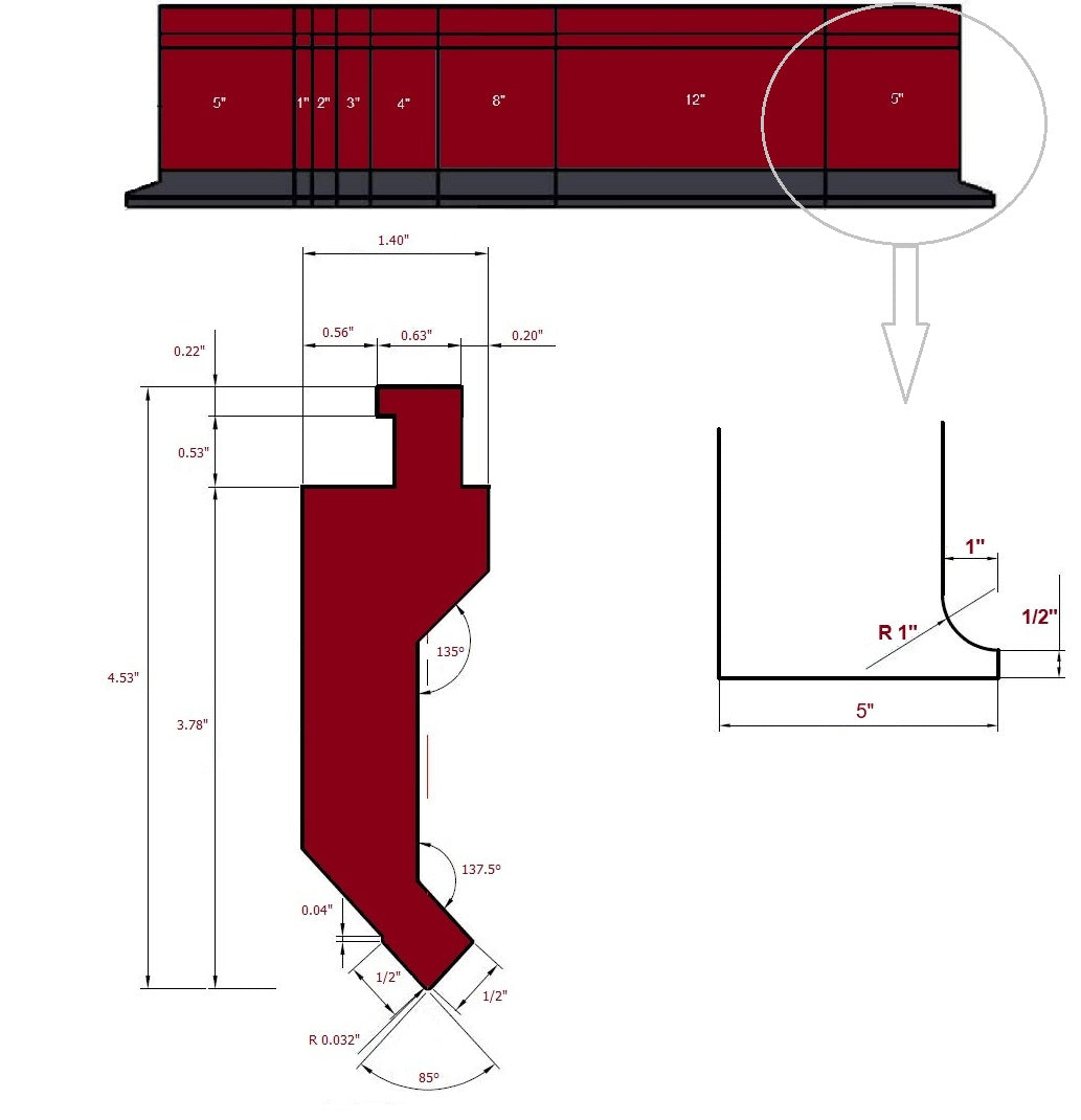 40” Sectionalized American Type 85° Press Brake Punch Die with Working Height: 3.78"