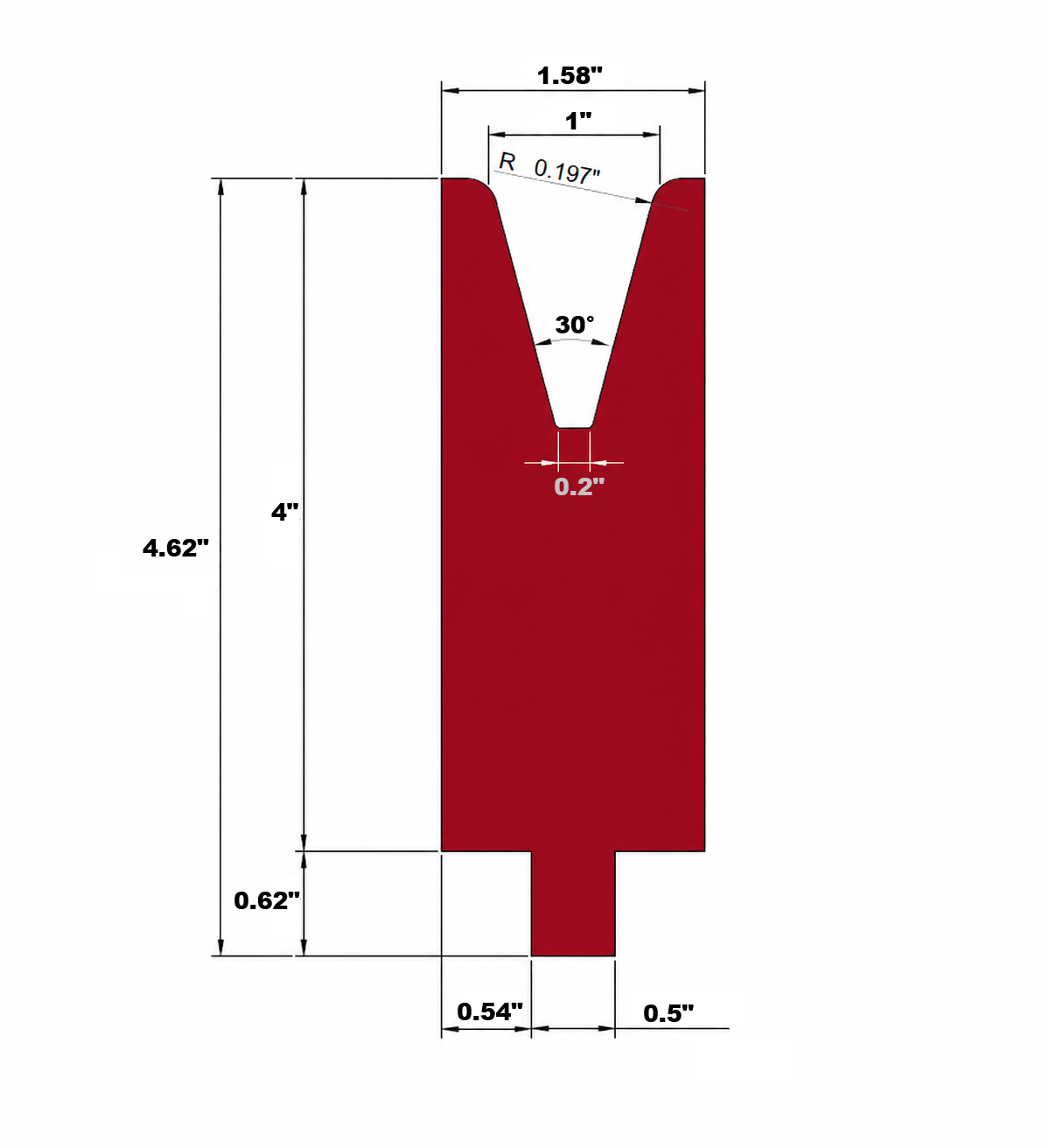 Single V Press Brake Die, 1" V Opening, 30°, 20.27" Length
