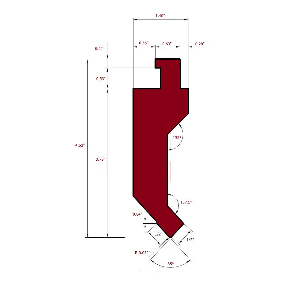 16.33” American Type 85° Press Brake Punch Die with Working Height: 3.78"