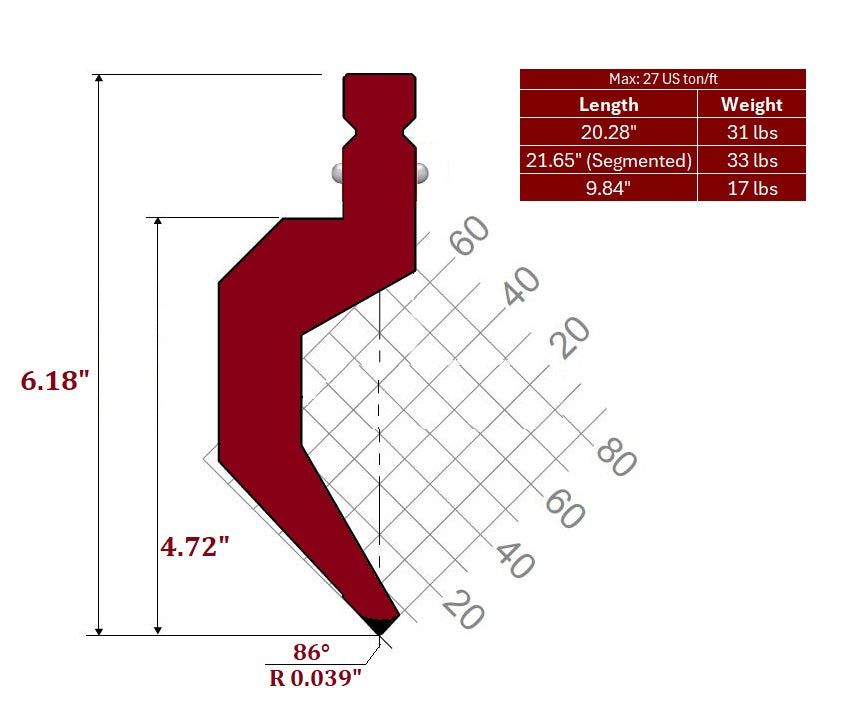 86° WT-New Standard Style Gooseneck Punch, Working Height: 4.72", Radius: 0.039"