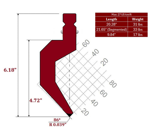 86° WT-New Standard Style Gooseneck Punch, Working Height: 4.72", Radius: 0.039"