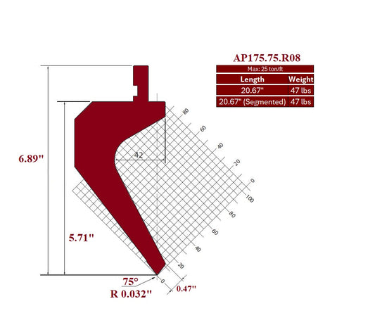 75° European Style Punch, Working Height: 5.71”, Radius: 0.032”
