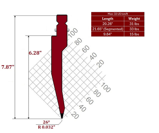 26° WT-New Standard Style Gooseneck Punch, Working Height: 6.28", Radius: 0.032"