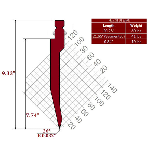 26° WT-New Standard Style Gooseneck Punch, Working Height: 7.74", Radius: 0.032"
