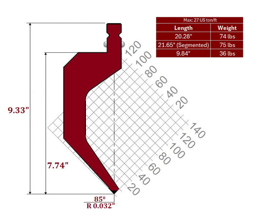 85° WT-New Standard Style Gooseneck Punch, Working Height: 7.74", Radius: 0.032"