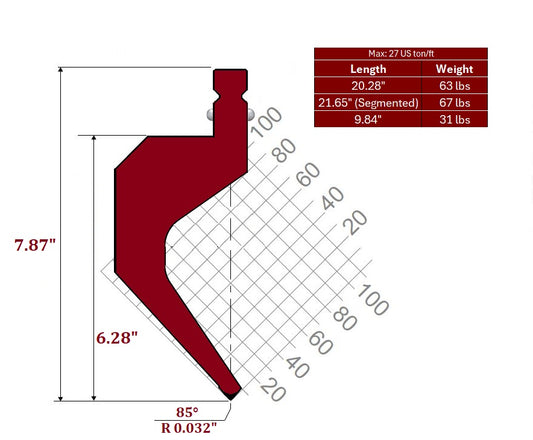 85° WT-New Standard Style Gooseneck Punch, Working Height: 6.28", Radius: 0.032"